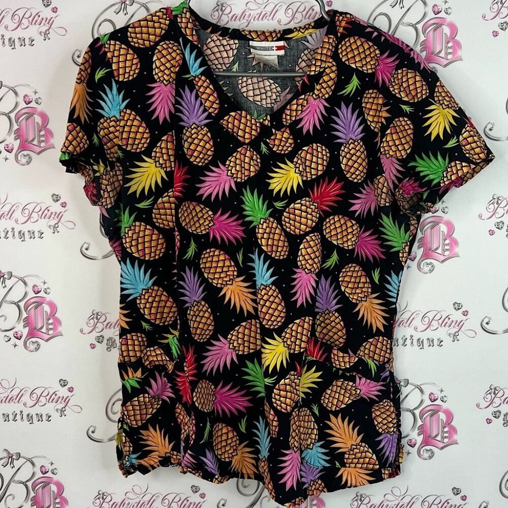 WHITE cross scrub top rainbow neon bright Multicolor Pineapple Print Top nurse